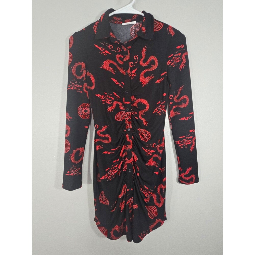 Timing Black Dragon Print Button Up Shirt Dress Sz Small Y2K Asian Goth Indie